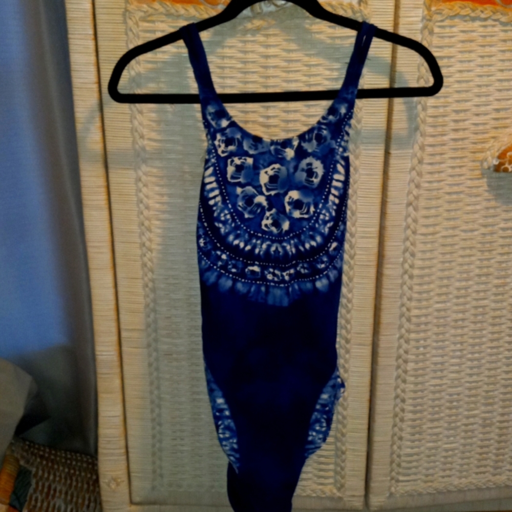 Blue and white tie dye Blums bathing suit
